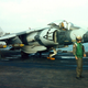 A US Marine Corps AV-8B-5-MC Harrier II from Marine Attack Squadron VMA-331 Bumblebees. In 1991, the squadron deployed aboard the USS Nassau (LHA-4) to the Persian Gulf and eventually flew 243 sorties and dropped 256 tons of ordinance during the 1991 Gulf War, becoming the first USMC attack squadron to conduct combat operations from an amphibious assault ship. (US Navy)